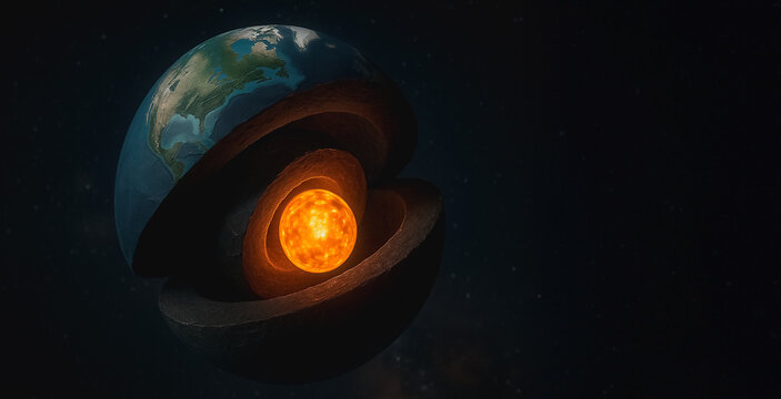 Earth's Internal Structure: A detailed visualization of Earth's core, mantle, and crust, illuminated against a deep space backdrop.