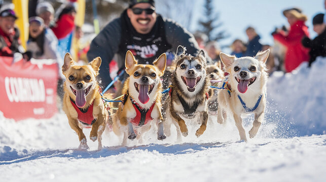 Chihuahuas pulling sled with musher in snowy race
