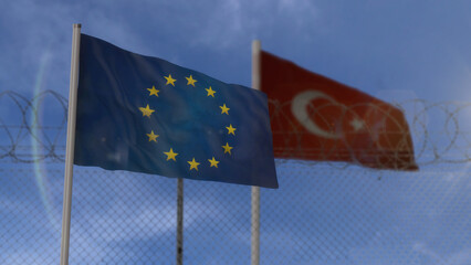 EU Turkey waving flags with barbed wire border