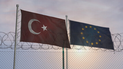 EU Turkey waving flags with barbed wire border