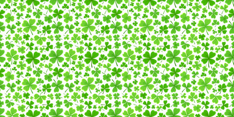 Shamrock or clover leaf horizontal green seamless pattern falling leaves on white background vector illustration. Irish holiday celtic St Patrick day motif seamless pattern with shamrock clover leaf.