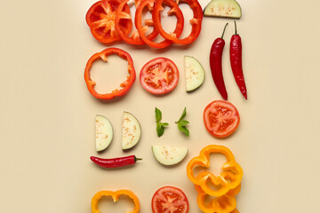 Composition with fresh vegetables and mint leaves on beige background, closeup