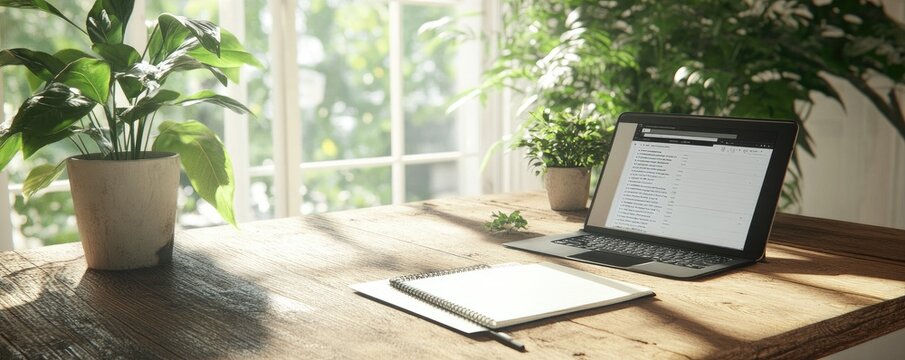 Laptop on wooden desk with houseplants