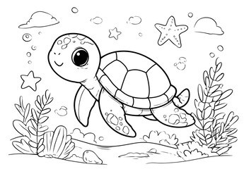 Cute sea turtle swimming in the ocean with starfish coloring page