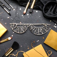Luxurious makeup accessories arranged on a dark background
