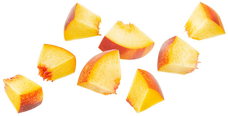 Falling peach cubes isolated on white background with clipping path, fresh nectarine slices