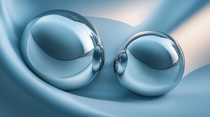 Two illuminated silver spheres floating against abstract light blue fabric background, showcasing smooth metallic reflections for serene wallpaper or screensaver designs