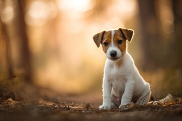 Adorable Jack Russell puppy in a sunlit forest