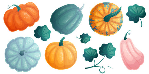 A set of colorful pumpkins on a white background. The concept of autumn and harvest. Isolated vector illustration for the design of postcards, clothing, textiles, banners and posters.
