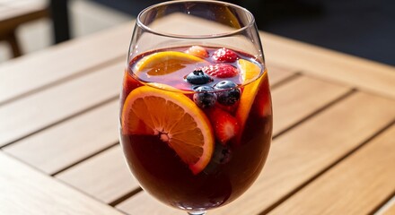 Sangria rouge fruit�e soleil estival gobelets bois d�licieux. AI Generated