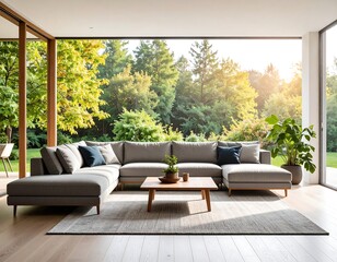 Modern sectional sofa in sunlit living room