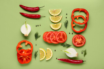 Composition with different vegetables and fresh dill on green background, closeup