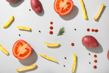 Composition with fresh vegetables and fried potato on grey background, closeup