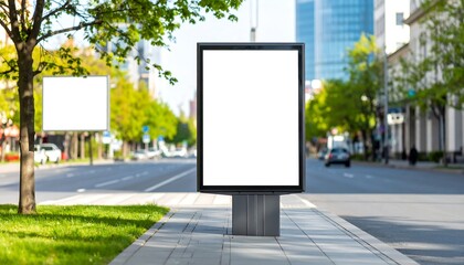 Blank Billboard on City Street with Lush Greenery