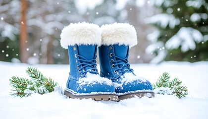 Blue fur trimmed winter boots in snow