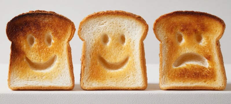 The smiling and frowning faces of toasted bread slices on display. - Powered by Adobe
