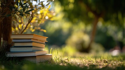 Stacked old books on grass, warm golden light evokes nature reading ambiance.