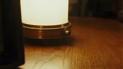A warm, glowing table lamp with a metallic base sits on a wooden surface, casting soft light.
