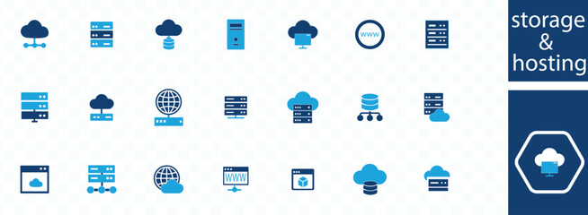 STIORAGE & HOSTING icon set server, hosting, infrastructure, backup, cloud storage, server rack, virtualization, data processing and bandwidth. Solid vector