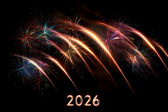 A collection of abstract, glowing fireworks trails forming graceful arcs across a dark night sky, with "2026" subtly lit.