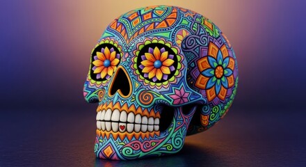 Vibrantly Painted Calavera Skull with Intricate Patterns and a Secret Heart