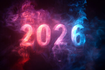 A close-up of abstract smoke or mist subtly swirling around illuminated "2026" numbers, creating an ethereal ambiance.