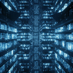 Symmetrical futuristic corridor of glowing blue data servers in a high-tech digital environment.