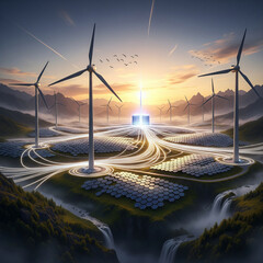 A futuristic landscape showcasing a sustainable energy grid with wind turbines, solar panels, and a central power hub at sunset.