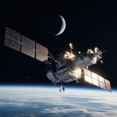 A sophisticated satellite with large solar panels orbits Earth, illuminated by sunlight, with a crescent moon visible in the dark expanse of space.