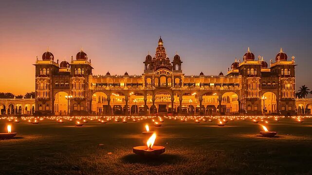 Majestic mysore dasara a palace festival of lights and tradition creating a magical warm golden scene in india enhanced by oil lamps