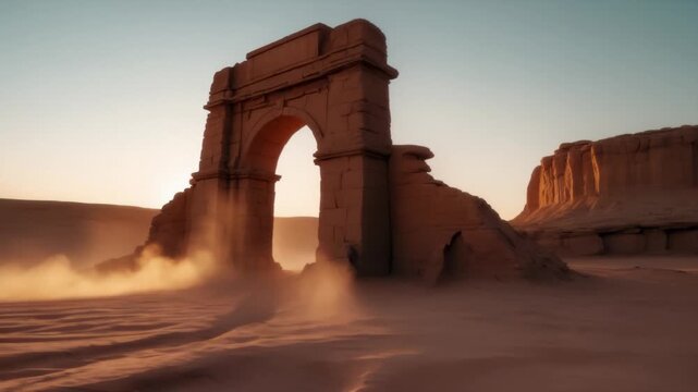 Sunset Sandstorm and Ruined Archway with Carvings