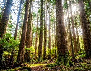 Obraz premium Sunlight filters through a dense forest