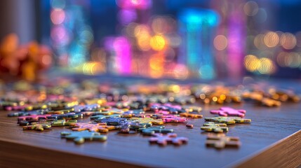 Scattered colorful puzzle pieces on a wooden table with vibrant city lights bokeh background
