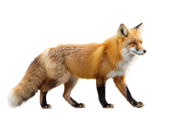 Furry red fox walking in profile side view, isolated PNG with transparent background. Realistic wildlife animal cutout, perfect for nature designs