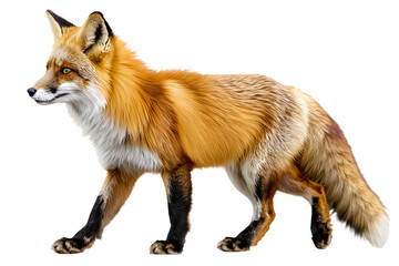 Fototapeta premium Furry red fox walking in profile side view, isolated PNG with transparent background. Realistic wildlife animal cutout, perfect for nature designs