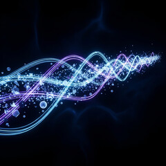 Abstract glowing blue and purple wavy lines with sparkling particles on a dark background, representing energy flow.