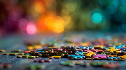 Vibrant scattered puzzle pieces create a colorful, abstract pattern on a wooden surface with soft bokeh background