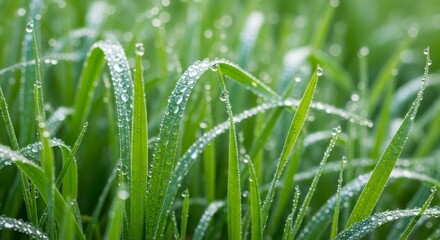 Obraz premium Dew-kissed blades of grass, showcasing a close-up view of vibrant green blades, glistening with morning dew drops.