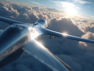 Fototapeta premium High-angle view of futuristic aircraft in clouds