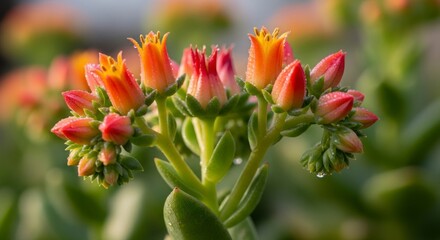Obraz premium Close-up of vibrant, dew-kissed flowers with coral-orange and red tones, showcasing succulent plant details.