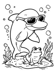 Obraz premium Cute of a happy dolphin wearing sunglasses coloring page
