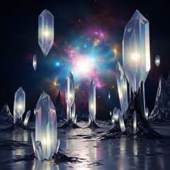 A surreal cosmic landscape featuring towering, luminous crystals reflecting a vibrant nebula in a dark, otherworldly environment.