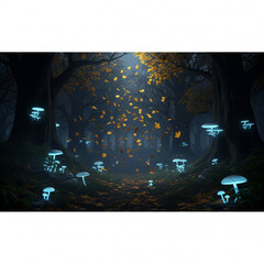 A mystical dark forest path illuminated by glowing blue bioluminescent mushrooms and falling golden autumn leaves under a soft light.