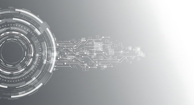 Abstract digital circuit design with circular and linear technological elements, a futuristic concept.
