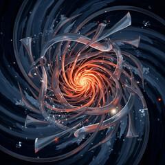 Abstract swirling vortex with a glowing orange core and dark blue outer bands, resembling a cosmic energy flow.