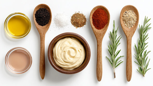 Assortment of spices and herbs in wooden spoons and bowls for cooking