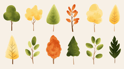 A set of trees with leaves in various colors, including green, yellow, and orange. The trees are arranged in a row, with some closer to the foreground and others further back