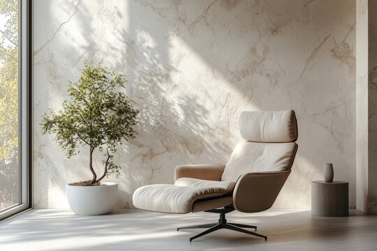 Recliner chair positioned near a window against a white and stone cladding wall, contributing to minimalist home interior design for a modern living room. 3D rendering, Generative AI