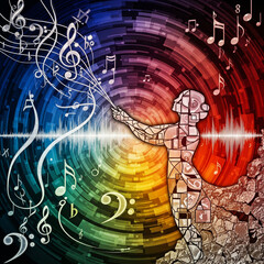 Abstract art of a human figure conducting or creating music with flowing notes and sound waves on a vibrant, colorful, swirling background.