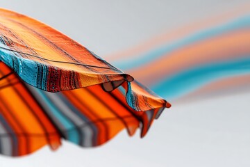 Striped Beach Umbrella with Orange, Blue, and Grey Pattern on White Background